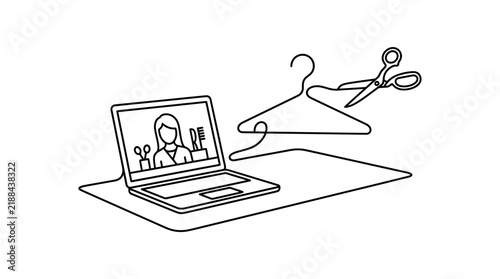 Laptop showing a stylist conducts an online sewing and design class with a line leading to a hanger and scissors on a desk.