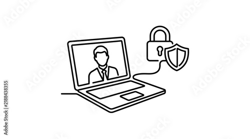 Laptop displaying a user profile connects directly to a lock and shield icon to represent cybersecurity and encrypted digital communication.