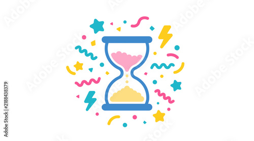 Time management hourglass illustration displays pink and yellow sand surrounded by colorful decorative elements.