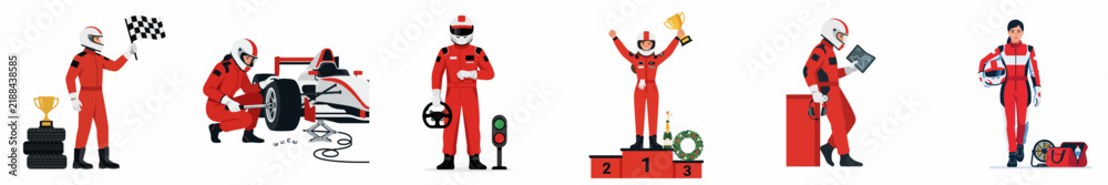 Obraz premium Set of professional car racing driver and mechanic illustrations in red suits, depicting pit stop, victory on podium, and various race day activities.