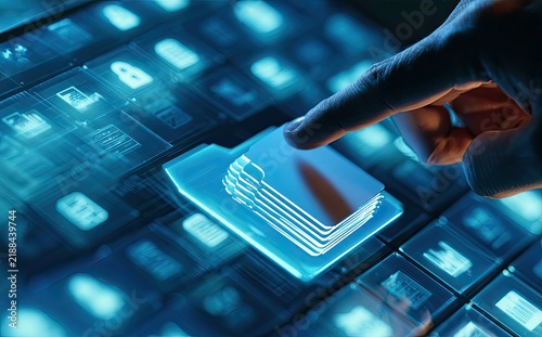 Finger touching glowing digital folder icon on touch screen