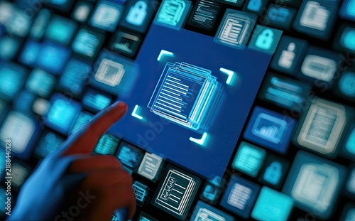 Digital interface shows data and security icons as a finger interacts with a central document