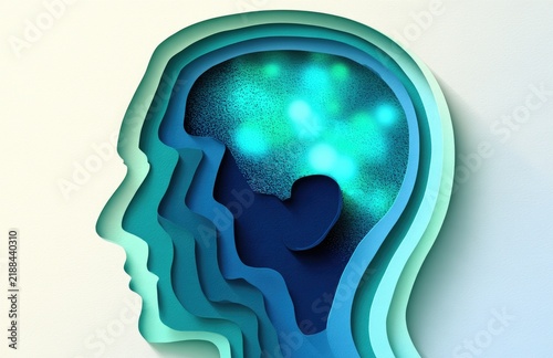 Layered silhouette of a human head revealing a glowing, abstract brain within