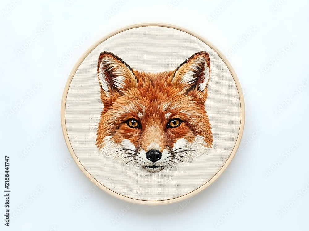 Obraz premium Detailed embroidered fox head portrait in hoop on cream fabric