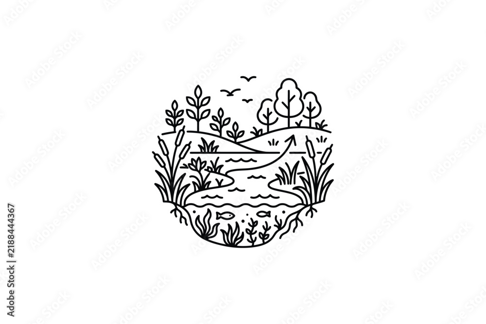 Fototapeta premium Hand drawn circular woodland lake landscape illustration.