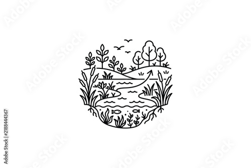 Hand drawn circular woodland lake landscape illustration.