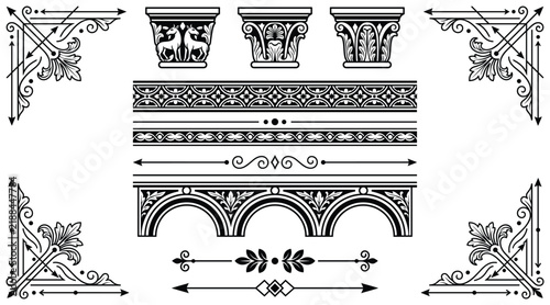 Ancient Greek architectural ornaments and decorative border dividers set in black ink for classic design work.