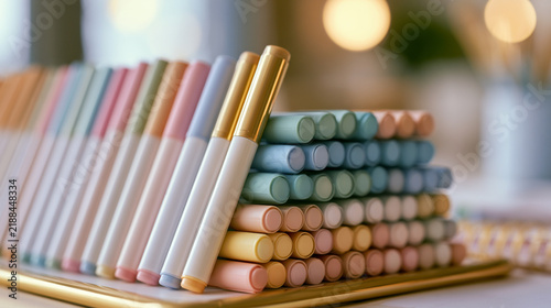 Pastel Art Markers Arranged on Desk with Gold Accents