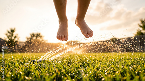 Child jumping over backyard sprinkler sunset with joyful motion, water droplets, green grass, and warm outdoor light creating playful summer energy