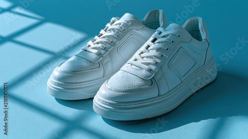 Classic White Sneakers: A clean, minimalist shot of a pair of pristine white sneakers, casting soft shadows on a serene blue background. Perfect for showcasing fashion, footwear.