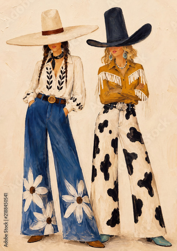 Two fashionable women in wide-brimmed hats and trendy outfits posing together.