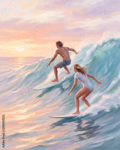 A man and woman surfing together on vibrant waves during a beautiful sunset.