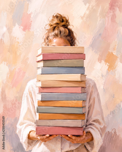 A young woman with a bun hairstyle holding a tall stack of colorful books in front of her face.