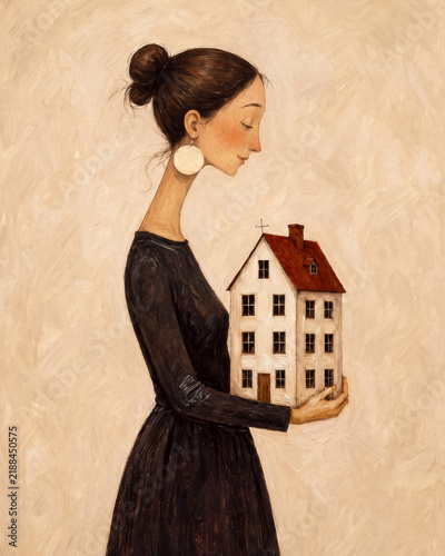 A woman in a black dress gently holds a small model house, showcasing a thoughtful expression.