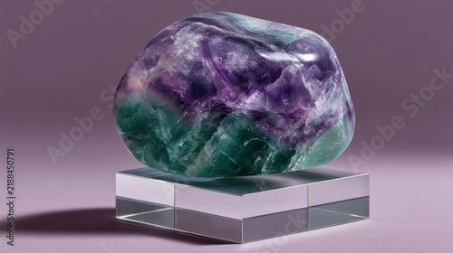 Fluorite Gemstone on Display: A smooth, polished fluorite gemstone, displaying captivating swirls of purple and green, rests on a clear acrylic stand.