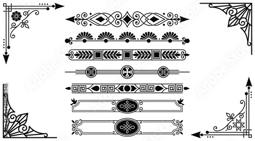 Greek key patterns and intricate vintage dividers collection with ornate corners in black graphic style.
