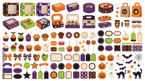Halloween bakery packaging and dessert collection, spooky treat boxes and sweets vector set, festive food branding elements