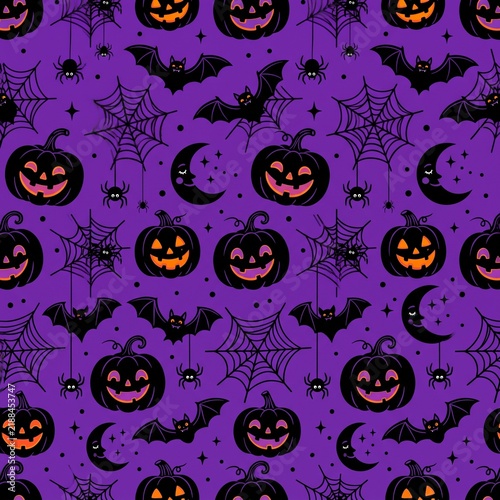 Halloween jack o lanterns and bats pattern on purple