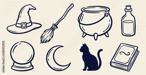 Картината върху платно Set of hand drawn blue outline magic, witch, and wizardry icons isolated on whit