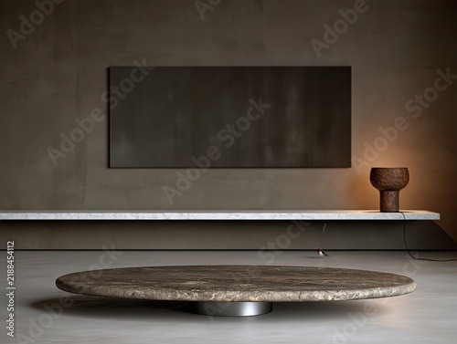 Sculptural low coffee table with abstract wall art in minimalist luxury interior