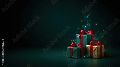 Elegant Holiday Gift Boxes with Red Bows and Enchanting Digital Light Trails on Dark Green