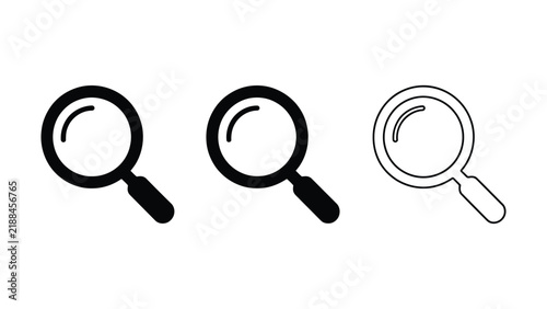 Set of three magnifying glass icons in different styles including filled outlined and line art on a transparent background for search and magnification symbols