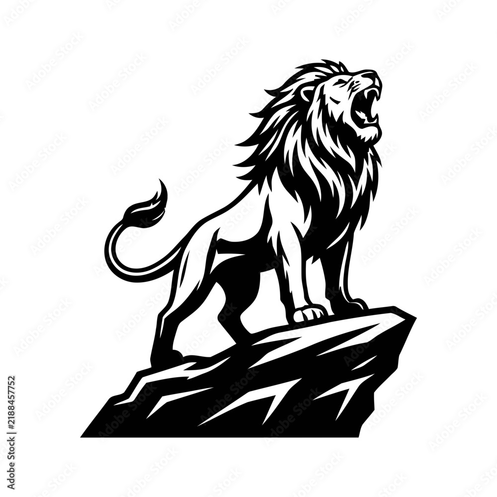 Obraz premium Roaring lion standing on a rock cliff