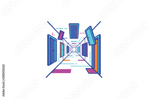 Vector illustration of an abstract surreal endless hallway with floating doors representing modern choice portal and digital technology concepts.