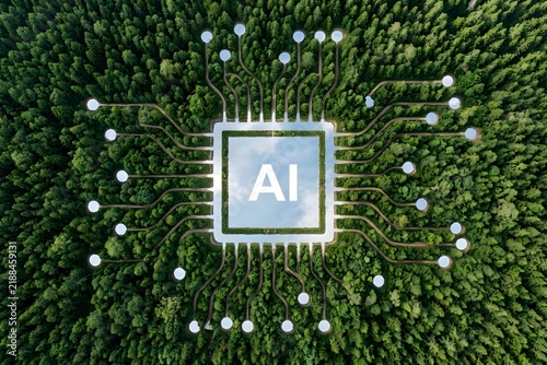 A high-angle aerial view of a central square processor chip icon labeled AI embedded into a dense, sprawling forest landscape connected by branching paths