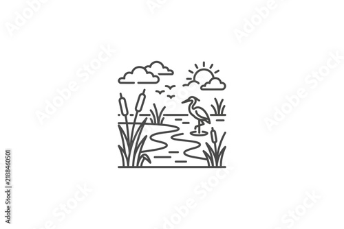 Wetland Bird Marsh Reed Landscape Line Icon.