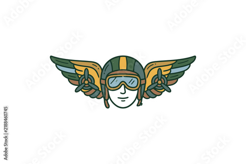 Winged pilot helmet with goggles emblem.