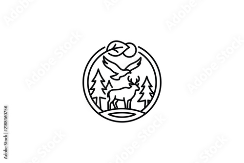 Wildlife forest emblem with deer and birds.