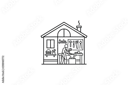 Home office worker inside house outline illustration.