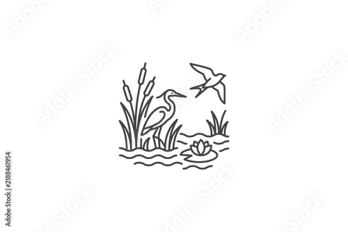 Minimalist wetland bird illustration with reeds and lily.