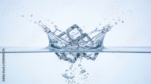 Ice cube splash water clear liquid refreshing cool transparent motion blue background summer drink freshness clean purity