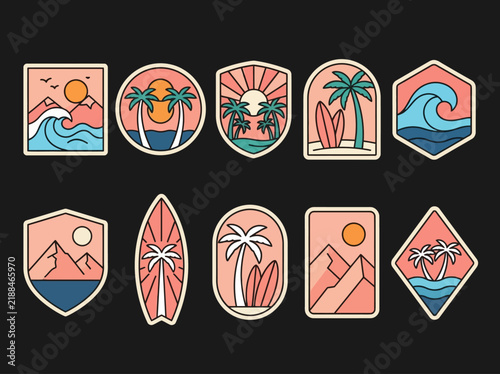 Photography Set of 10 vintage minimalist surf and adventure logo badges with palms, waves, and mountains