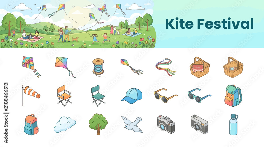 Fototapeta premium Isometric outdoor kite festival and picnic vector icon set with park scene