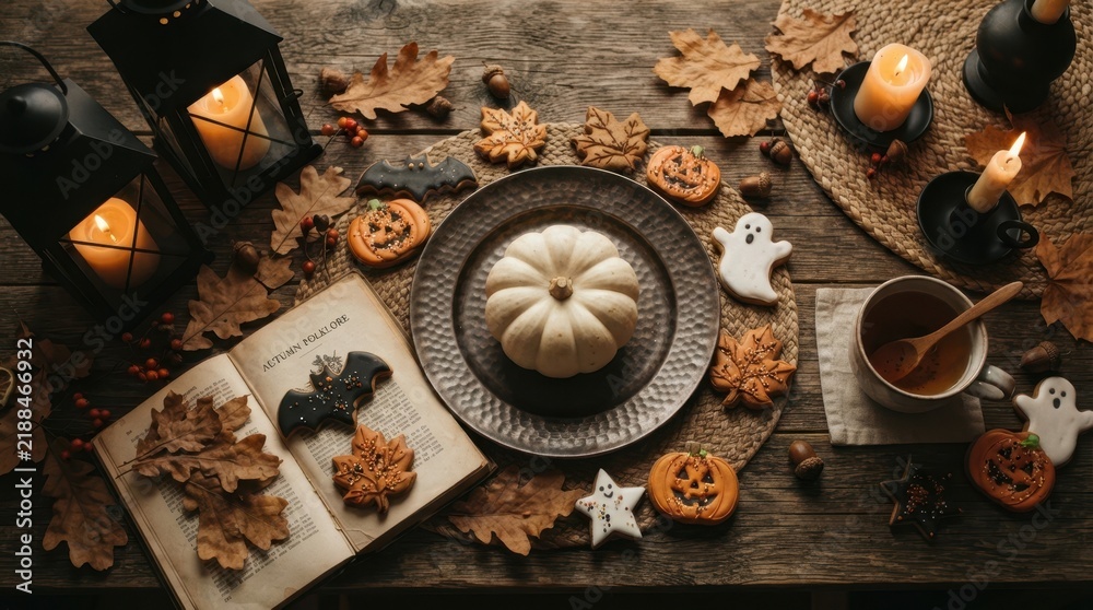 Obraz premium Halloween Night Ambiance: A dimly lit table adorned with autumnal leaves, flickering lanterns, spooky cookies, and a white pumpkin creates a mysterious and festive atmosphere for Halloween.