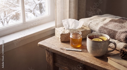 Cold Season Home Care Still Life With Herbal Tea, Lemon, Tissues And Thermometer On Bedside Table