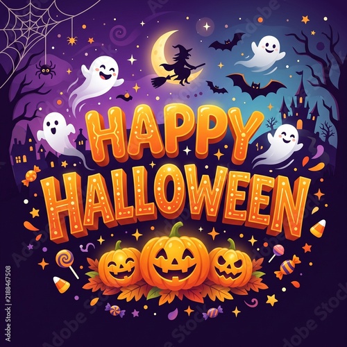 Happy halloween greeting card with ghosts and pumpkins