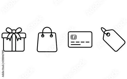 Set of four simple black line icons representing shopping gift bag credit card and price tag