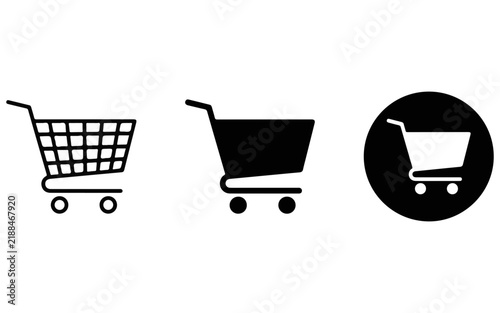 Set of three black and white shopping cart icons for e commerce and retail website design elements