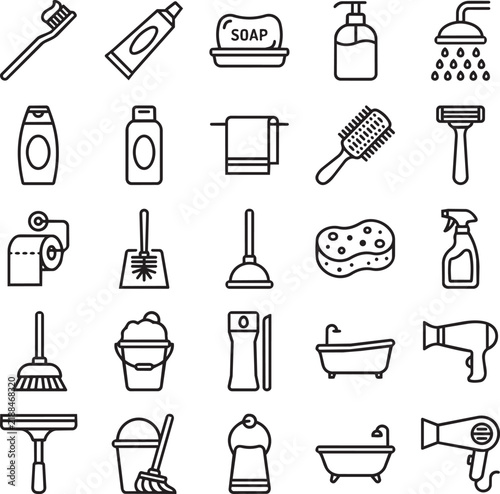 Bathroom Essentials and Hygiene Line Icon Set