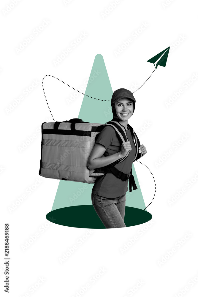 Obraz premium Vertical photo collage of happy girl postal worker carry backpack parcel eat shipment import service courier isolated on painted background