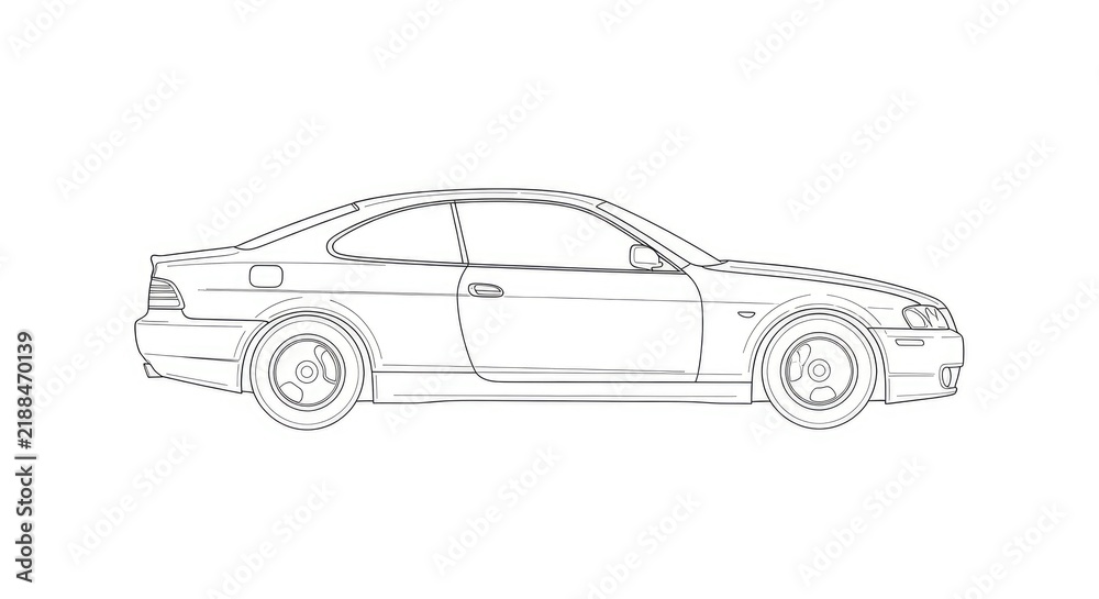 Fototapeta premium A black and white line drawing depicts a white BMW 3 Series coupe. The car is shown in a side profile, highlighting its sleek design and aerodynamic shape.