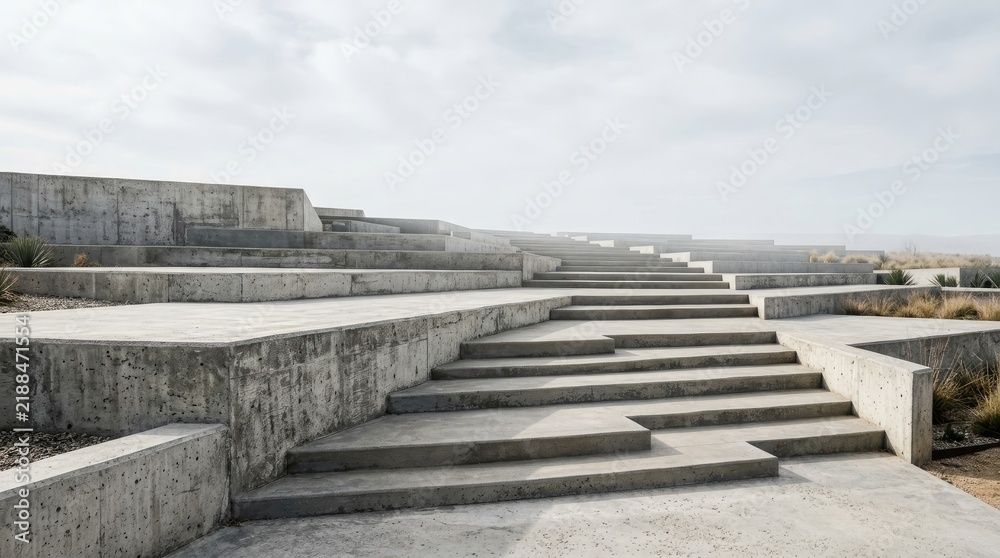 Obraz premium A concrete staircase ascends gradually across a vast, flat landscape. The steps are arranged in a stepped pattern, creating a series of platforms.