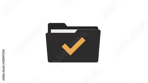 User Profile Document Saving Animation Inside a Black Folder with an Orange Checkmark Confirmation