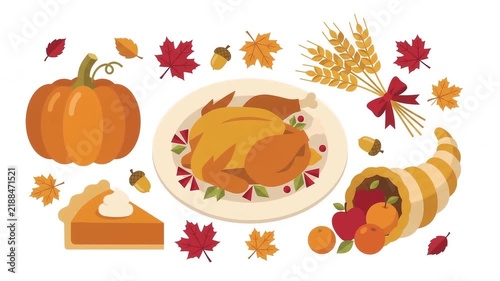 Thanksgiving Animated Harvest Feast Design with Turkey Pumpkin Pie and Fruit Cornucopia