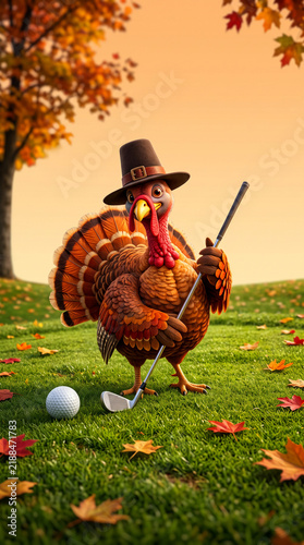 Cartoon turkey in a pilgrim hat holding a golf club on a green lawn with autumn leaves, symbolizing Thanksgiving and golf.