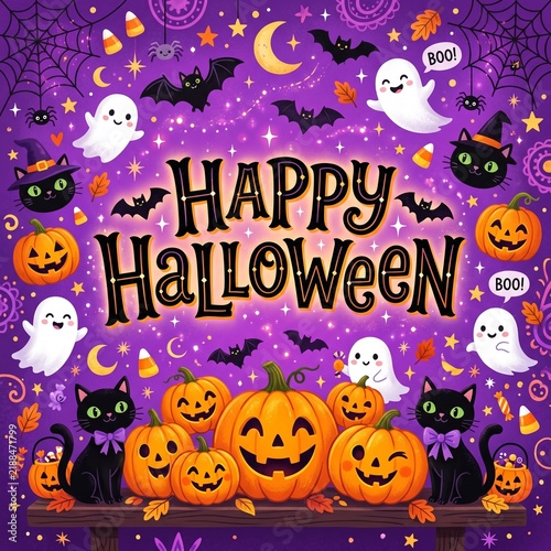 Happy halloween illustration with pumpkins and ghosts
